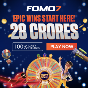 FOMO7 India promo showing Epic Wins start at 28 crores with vibrant wheel and bonus offer visuals.