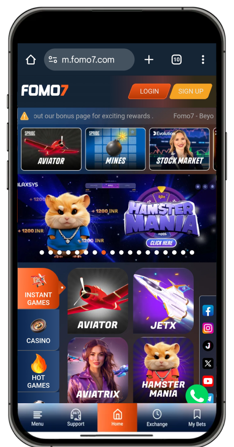 Fomo7 mobile interface shows instant games section