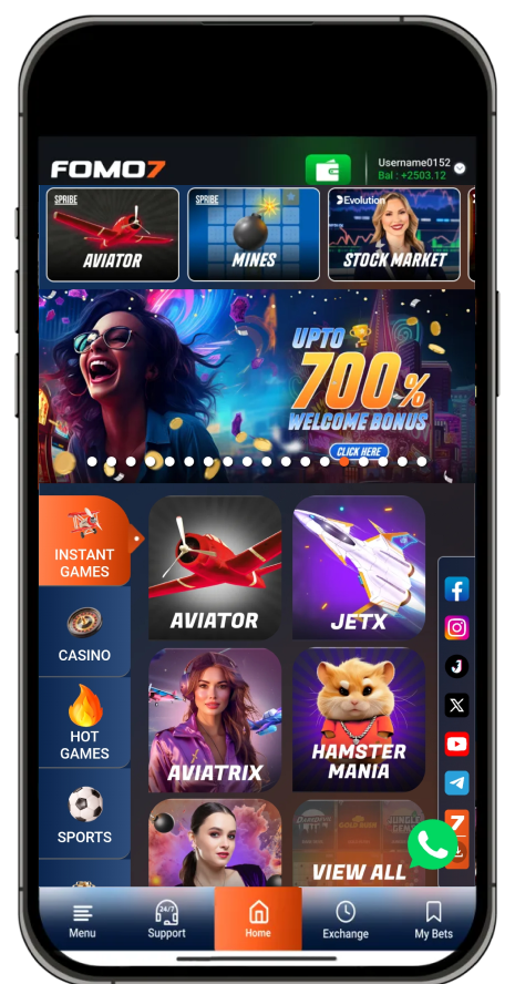 Fomo7 mobile interface shows instant games section with welcome bonus banner