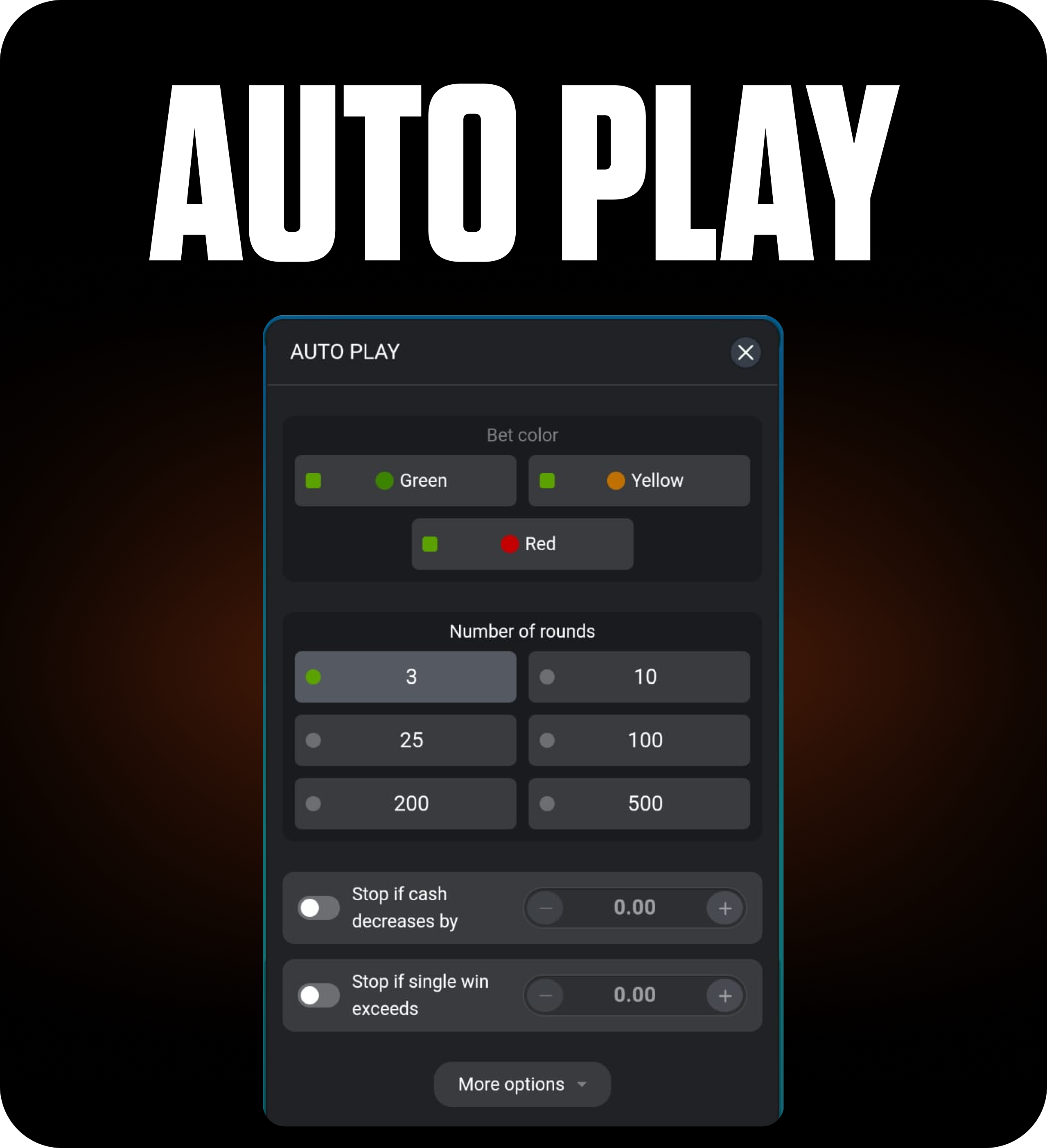 FOMO7 India auto play settings with bet colors Green Yellow Red, round selection 3-500, and cash stop conditions interface
