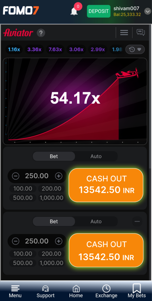 Aviator game interface with multiplier graph and cash-out option