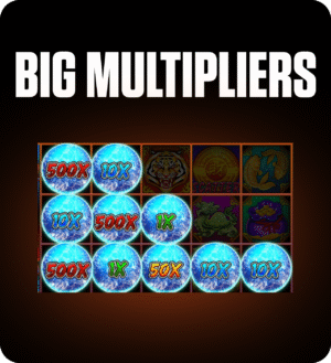 FOMO7 India slot displaying big multipliers including 500x, 50x and 10x symbols across the reel grid.