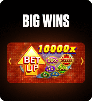 FOMO7 India slot feature showing Bet Up with 10,000x big win multipliers and scatter symbols.