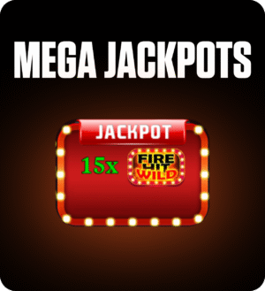 FOMO7 India slot feature showing mega jackpot screen with 15x Fire Hit Wild bonus symbol on a glowing red board.