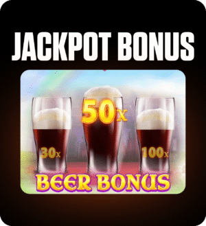 FOMO7 India jackpot bonus screen showing beer bonus glasses with 30x, 50x, and 100x multiplier rewards.