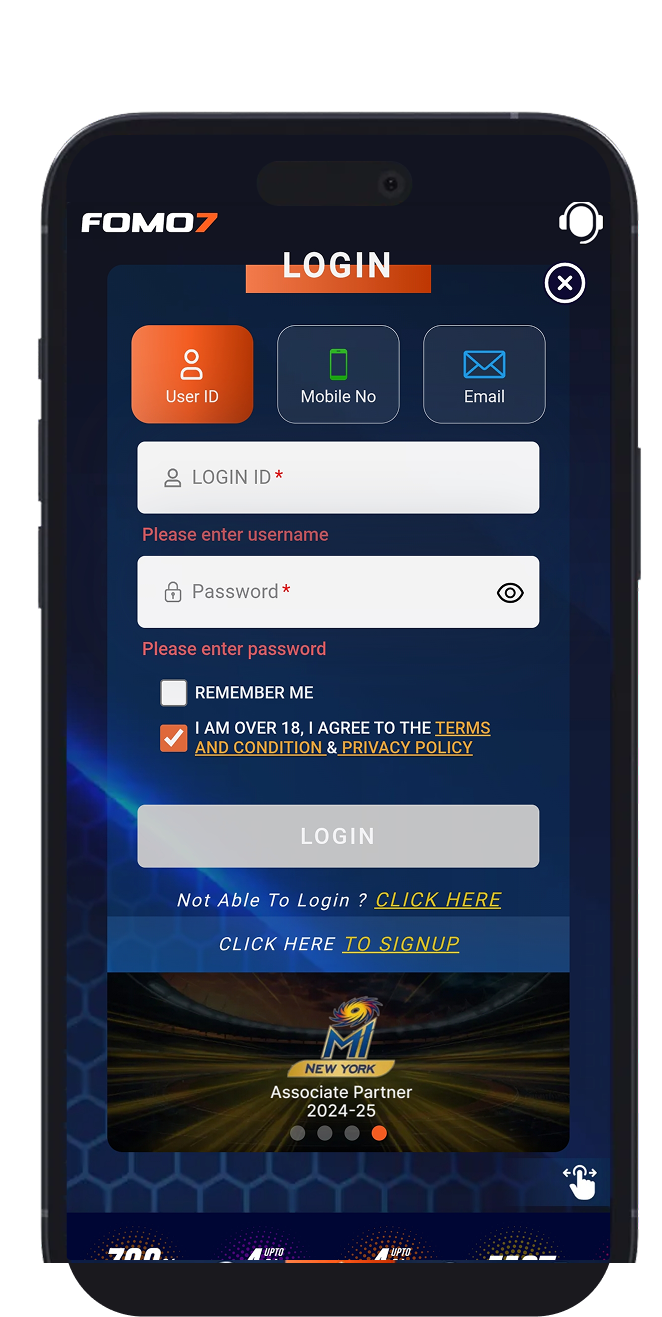 FOMO7 India login screen with User ID, Mobile and Email tabs, password field and signup option on mobile.
