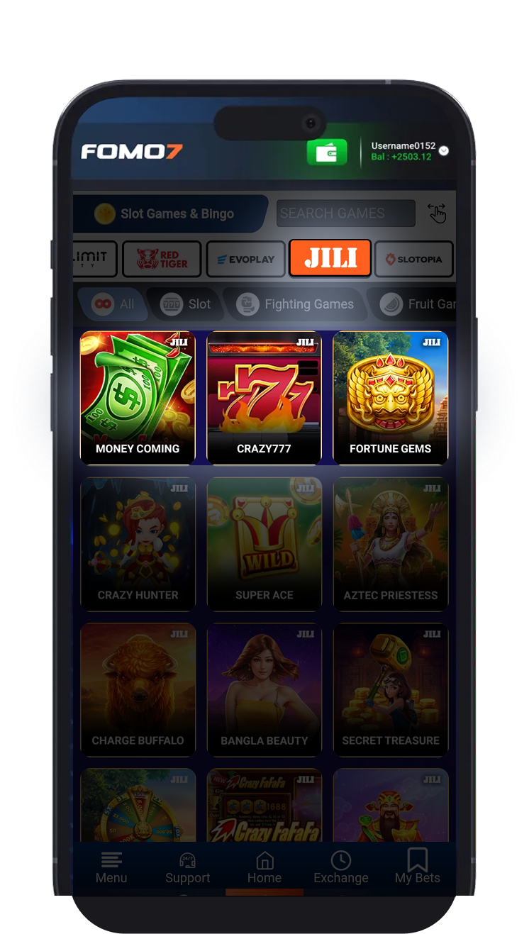 FOMO7 India JILI games screen showing Money Coming, Crazy777 and Fortune Gems slot icons on mobile.