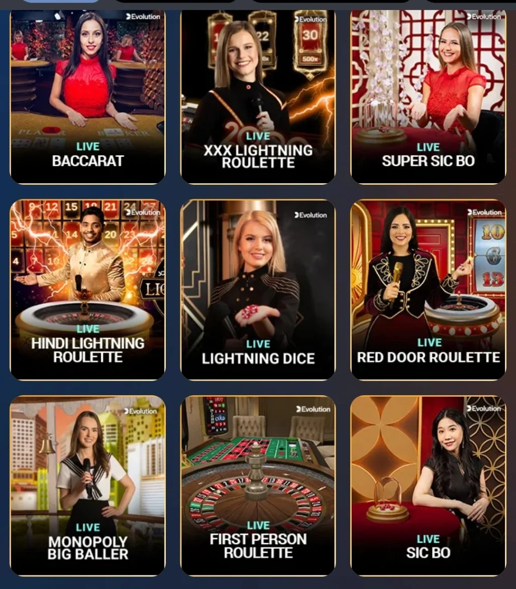 FOMO7 India live casino game grid showing baccarat, roulette versions, Sic Bo, Lightning Dice, Monopoly Big Baller, and live hosts.