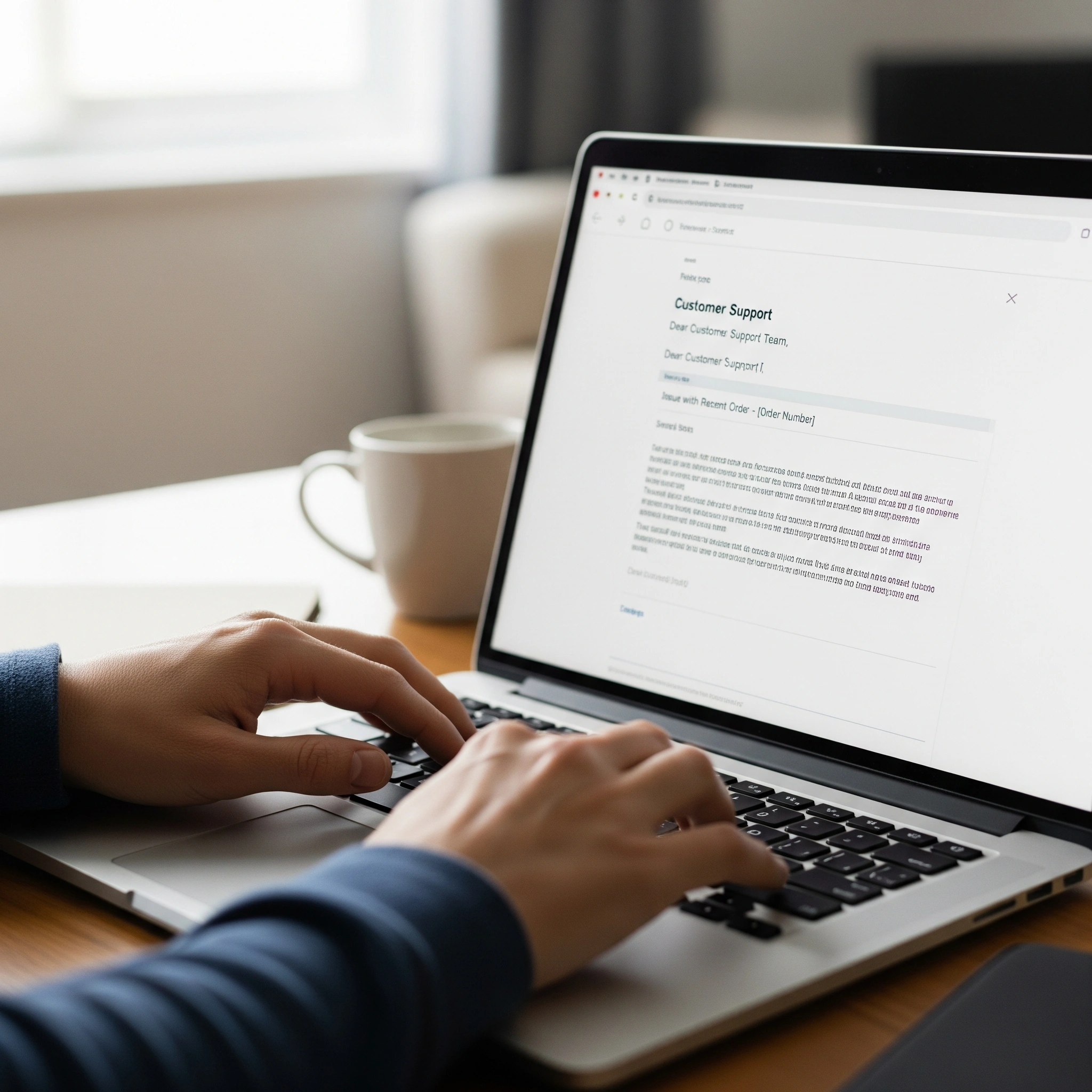 Customer typing an email on a laptop, representing FOMO7 India customer support communication.