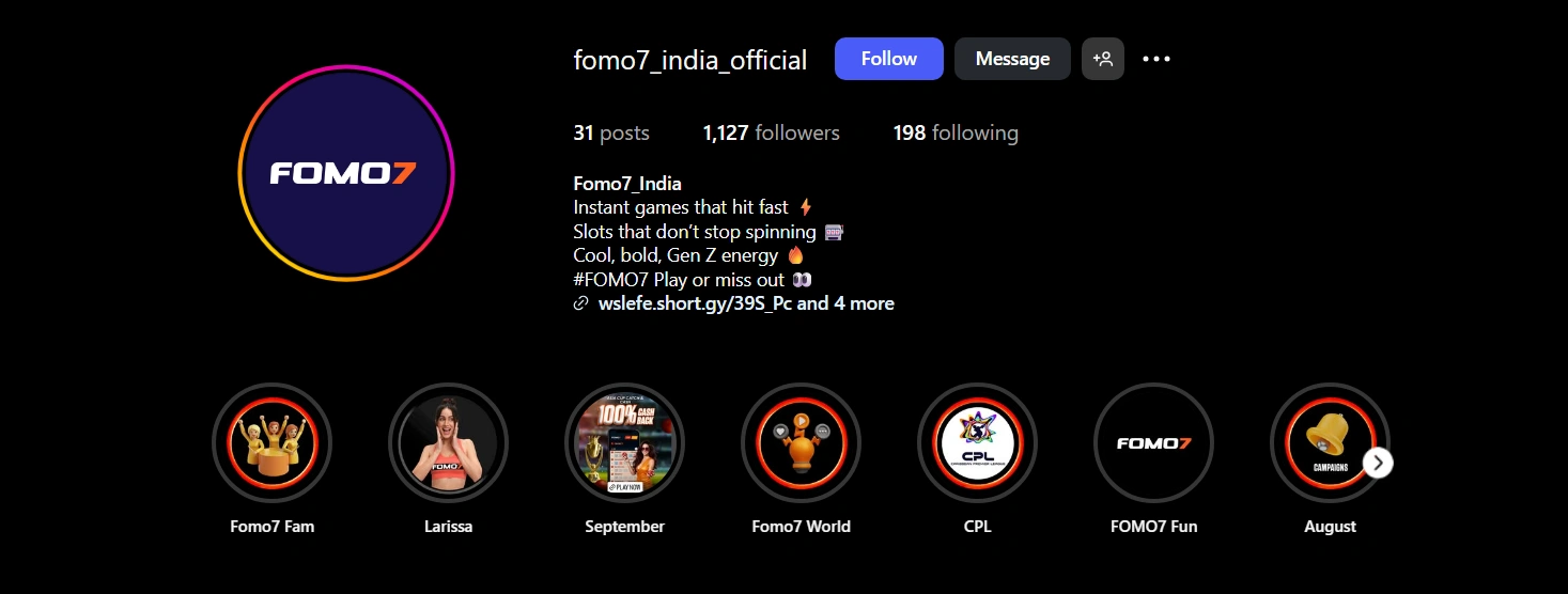 FOMO7 India official Instagram profile displaying posts, highlights, and follower count.