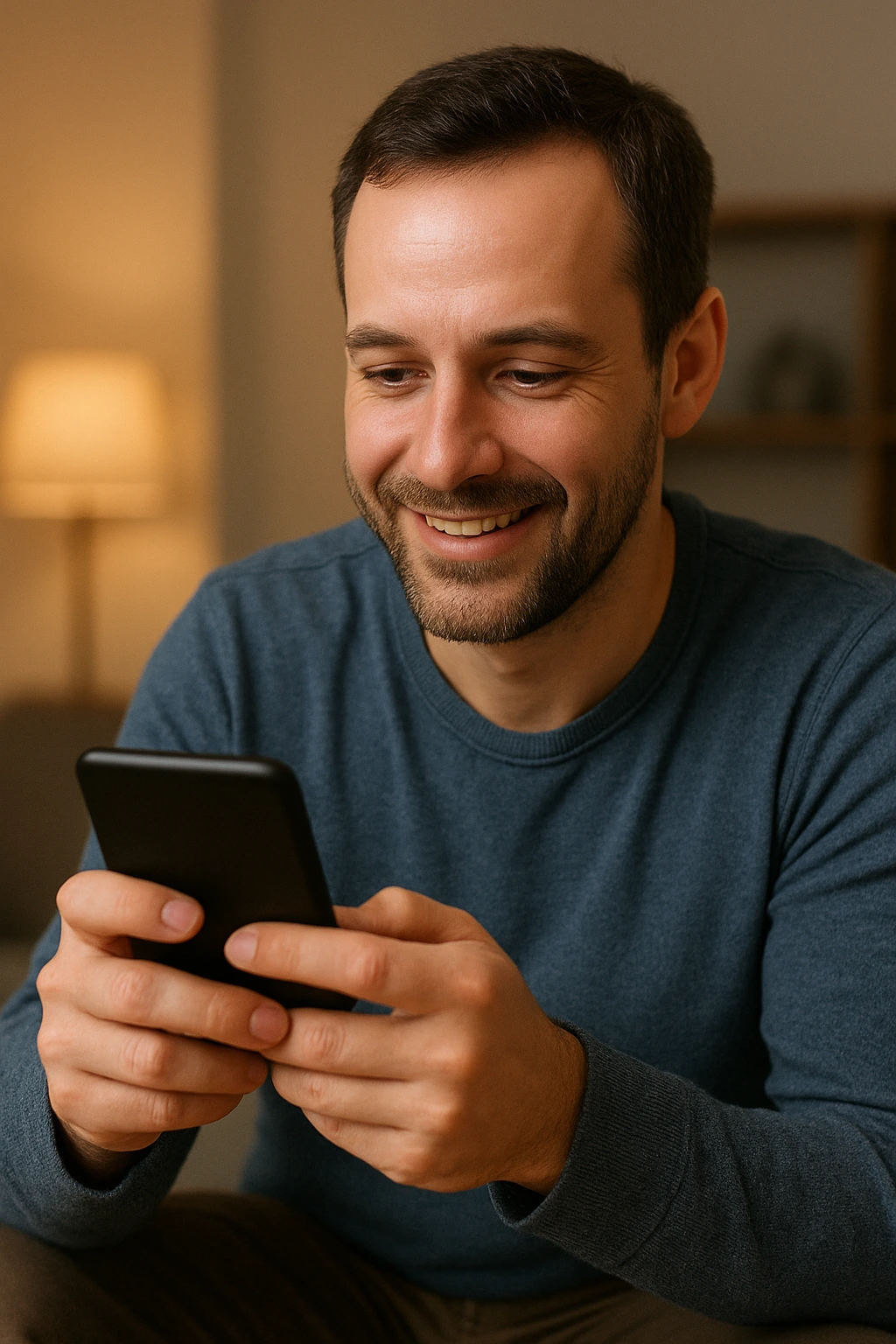 Man smiling while using his phone, enjoying the FOMO7 India gaming experience at home.