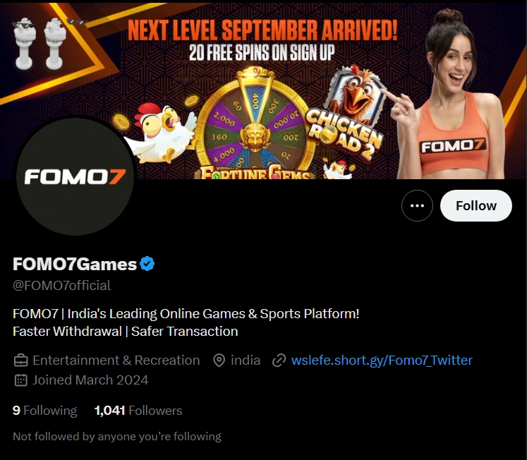 FOMO7 India official X (Twitter) profile showcasing gaming promotions and platform updates.