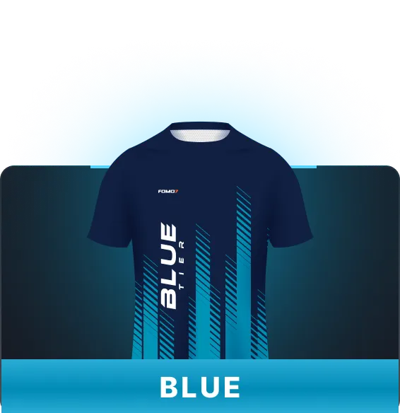 FOMO7 India Blue Tier jersey card with dark navy design and vertical blue stripes with Blue label.