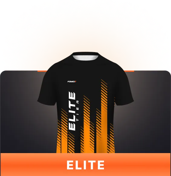 FOMO7 India Elite Tier jersey in black with orange vertical graphics and Elite text on front.