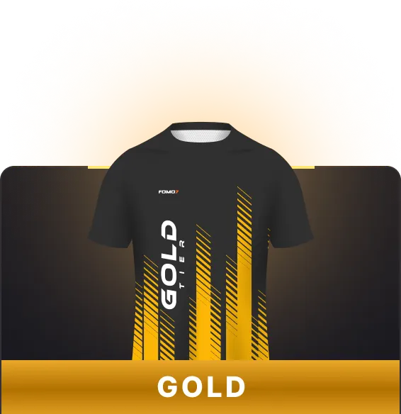 FOMO7 India Gold Tier jersey card in black with vertical gold stripes and bold Gold label.