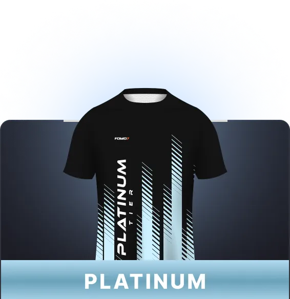 FOMO7 India Platinum Tier jersey in black and white with vertical graphic lines and Platinum text.