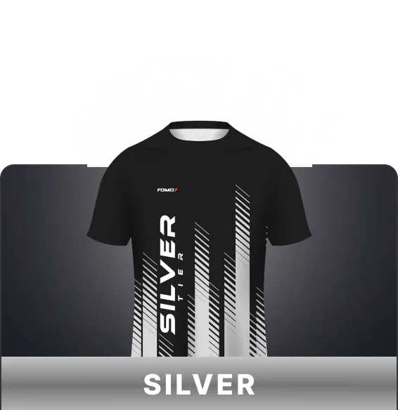 FOMO7 India Silver Tier jersey card in black design with vertical silver stripes and Silver label.