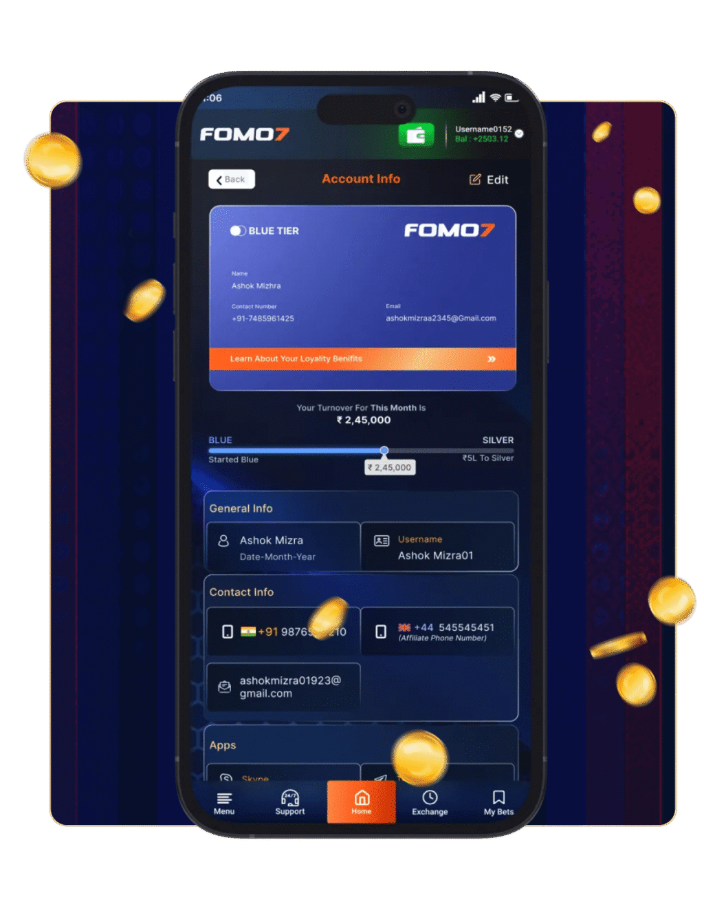 FOMO7 India account info screen showing user details, loyalty tier, and profile options on the mobile app.