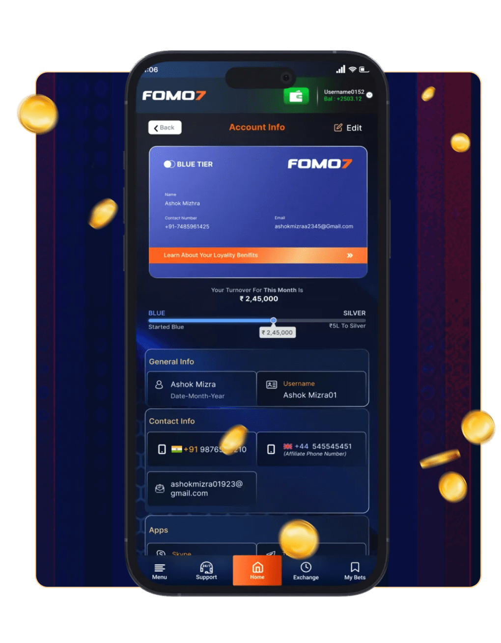 FOMO7 account info screen showing loyalty tier, turnover bar, and profile details, highlighting user dashboard on FOMO7 India.