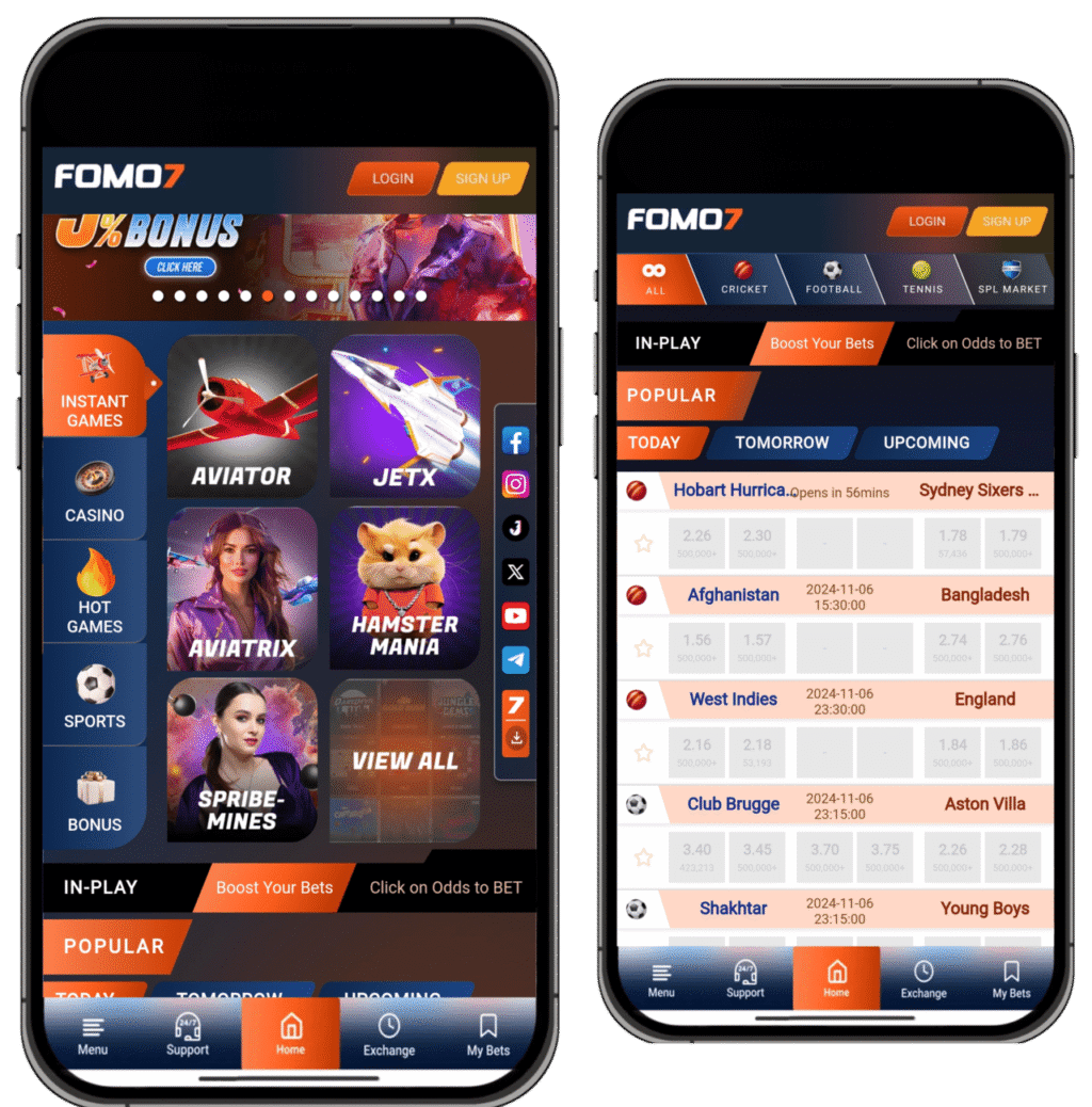 FOMO7 India app screens showing casino games like Aviator and JetX alongside live sports betting options.