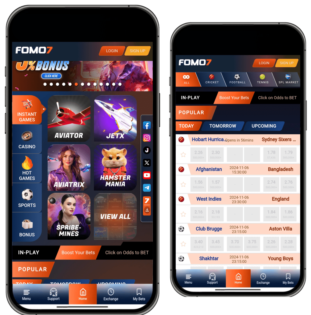 Two FOMO7 app screens showing instant games like Aviator and JetX alongside live sports betting options on FOMO7 India.