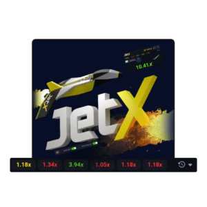 JetX game screen showing a jet taking off with multiplier history below, highlighting crash-style gameplay on FOMO7 India.