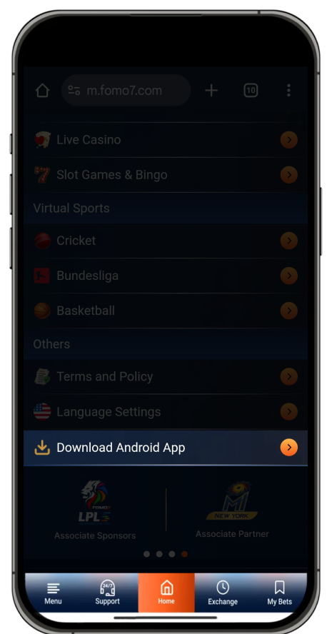 FOMO7 India app menu showing Live Casino, Virtual Sports, settings, and a Download Android App option on mobile.
