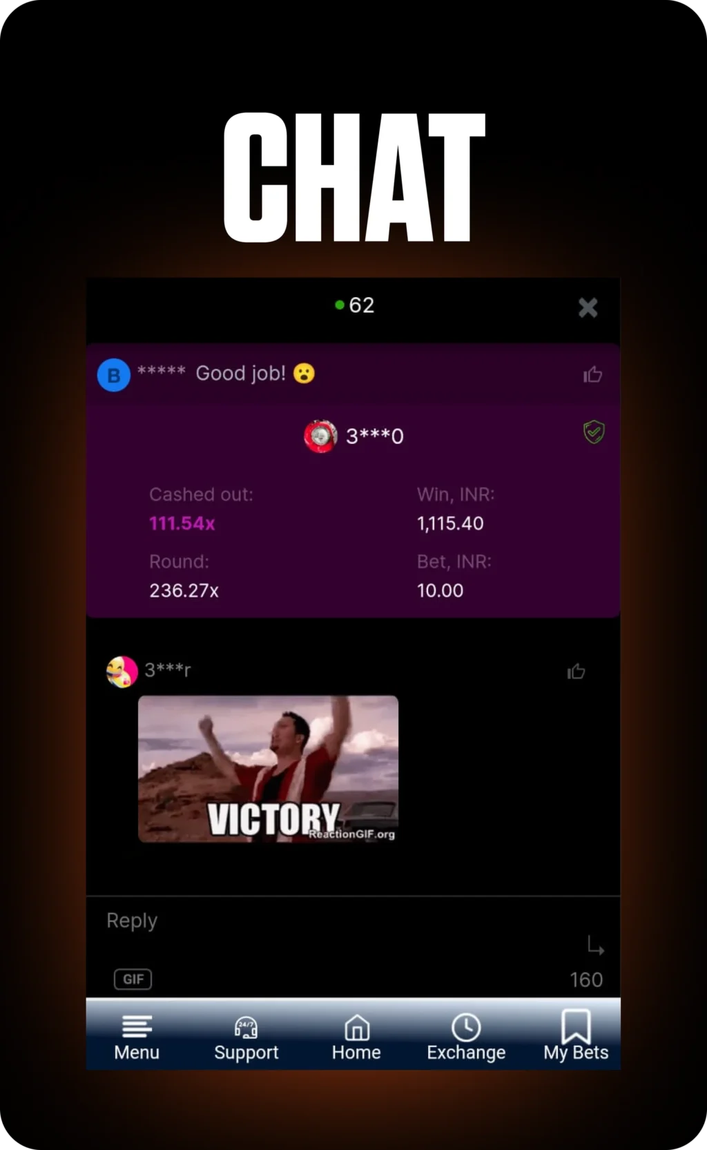 Baccarat game chat screen showing player win details and reactions in a dark interface for FOMO7 India.