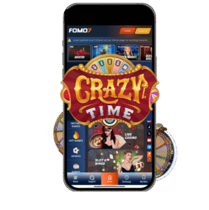 FOMO7 India mobile app screen featuring Crazy Time game banner with live casino and instant games menu.