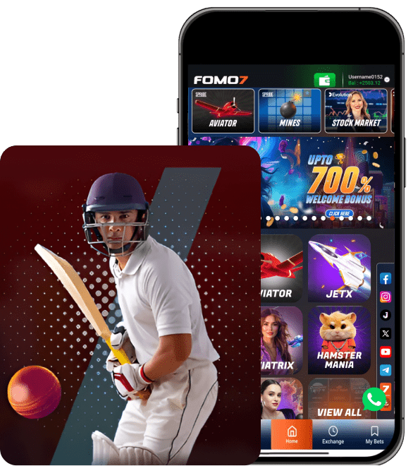 FOMO7 India cricket player graphic beside mobile app screen showing games and bonuses.