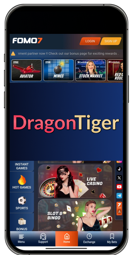 FOMO7 India app screen showing Dragon Tiger game banner above live casino and slot options.
