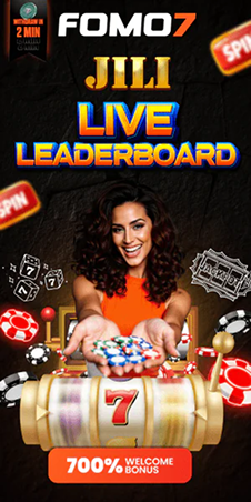 FOMO7 India JILI Live Leaderboard banner promoting 700% welcome bonus with featured casino chips and slot elements.