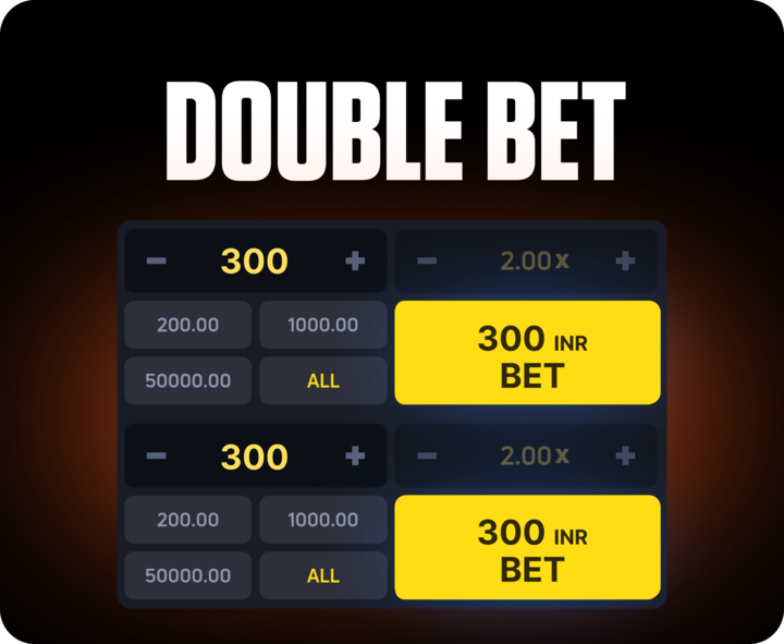 JetX double bet panel showing two 300 INR wagers with 2.00x multiplier setup, highlighting betting options on FOMO7 India.