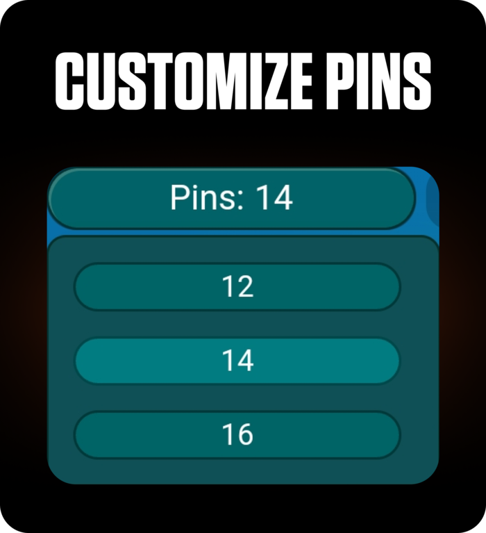 Plinko settings screen showing pin options 12, 14, and 16, allowing game customization on FOMO7 India.