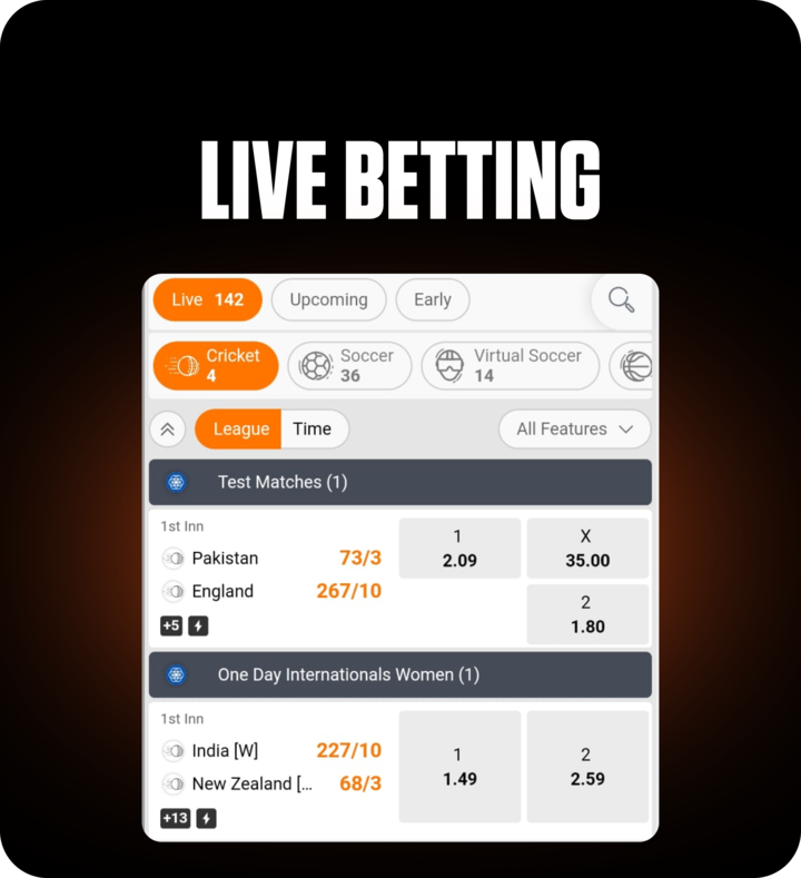 FOMO7 India live betting screen showing cricket match odds, scores, and league selection menu.