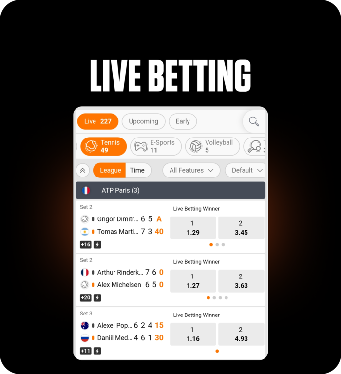 Live tennis betting screen showing ATP match scores and odds, offering real-time wagering options on FOMO7 India.