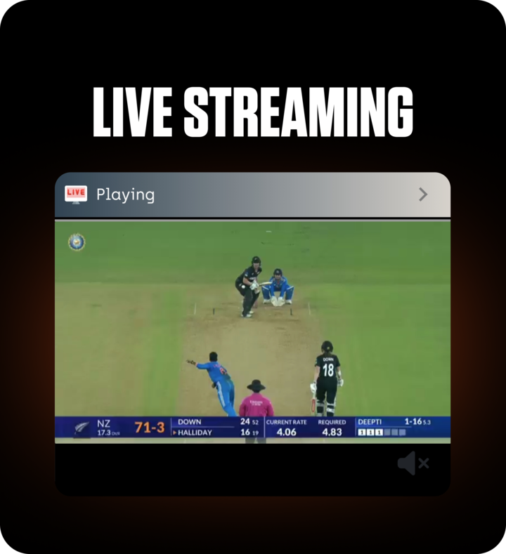 ChatGPT said: FOMO7 India live streaming screen showing a cricket match video player with real-time scoreboard overlay.
