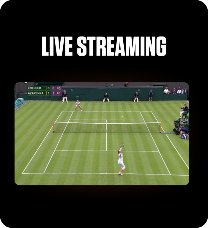 Live tennis match stream showing players mid-rally on a grass court, highlighting real-time sports action on FOMO7 India.