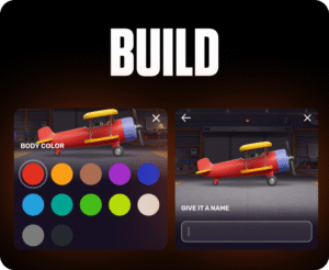 Aviatrix build screen showing plane customization options and naming panel in the FOMO7 India interface.