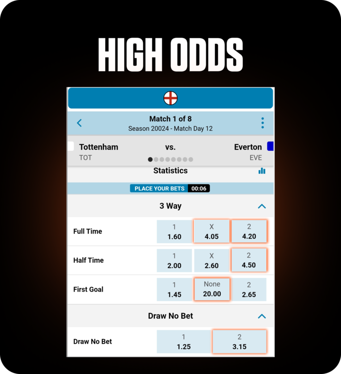 Virtual football odds screen for Tottenham vs Everton showing full-time, half-time, and first-goal markets on FOMO7 India.