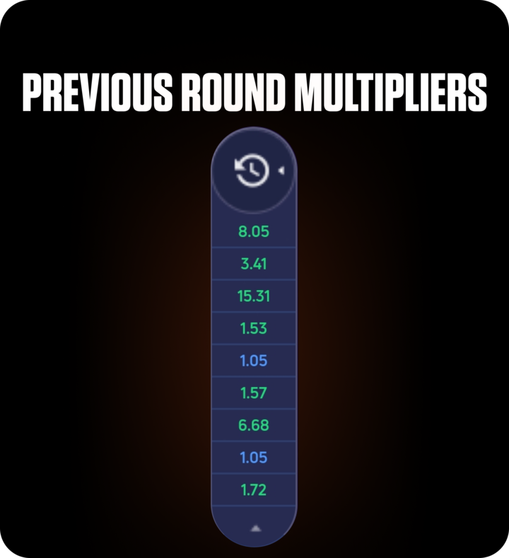 FOMO7 India CricketX previous round multipliers list showing recent crash values in a vertical history panel.