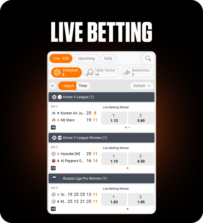 Live betting screen showing volleyball league scores and odds, highlighting real-time wager options on FOMO7 India.