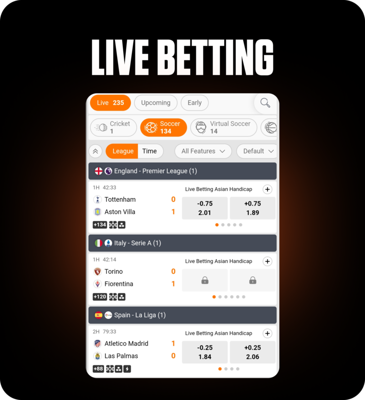 FOMO7 India live betting screen showing soccer matches with scores, odds, and Asian handicap options.