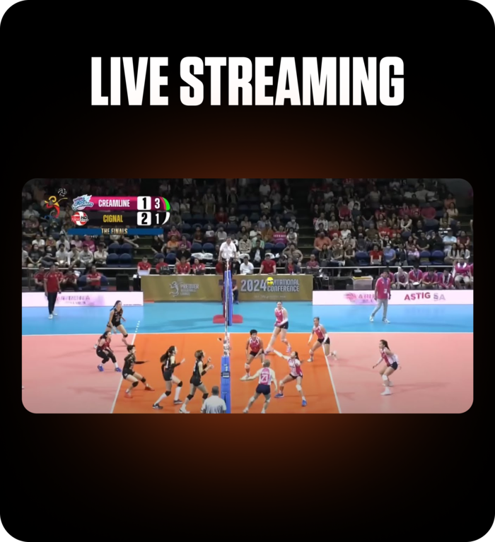 Live volleyball match stream with Creamline vs Cignal scoreboard, highlighting real-time sports action on FOMO7 India.