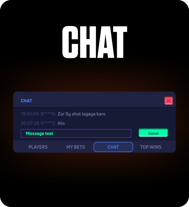 FOMO7 India CricketX live game chat window showing player messages, text input field, and Send button interface.