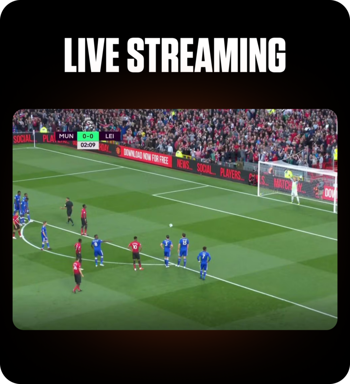 FOMO7 India live streaming shows a football penalty scene with players lined up and a full stadium crowd.