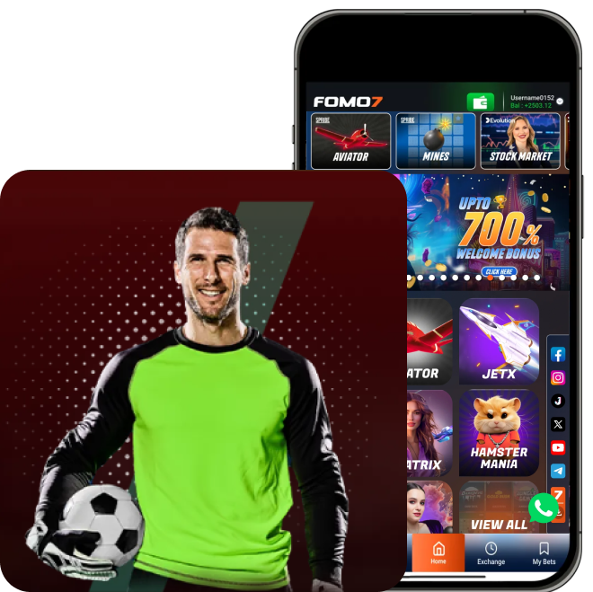 FOMO7 India sports promo showing a smiling goalkeeper holding a football beside the app home screen.