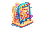 FOMO7 India arcade-style game machine illustration with colorful balls and levers for fun casual gameplay.