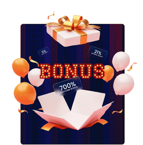 Bonus offer graphic with balloons, gift boxes, and a 700% welcome bonus displayed in a festive design.