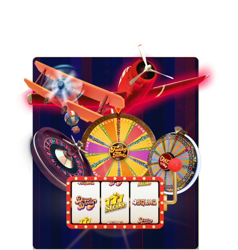 Colorful casino wheel, slot reels, and flying aircraft elements featured in a vibrant game scene for FOMO7 India.